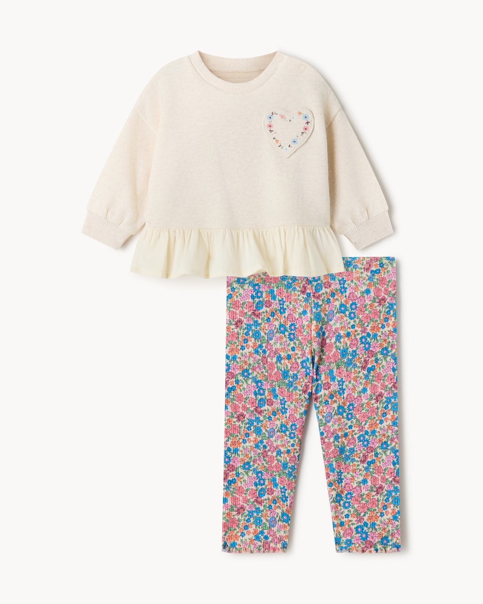 image 1 of F&F Baby Heart Peplum Sweatshirt and Floral Leggings Set in Stone
