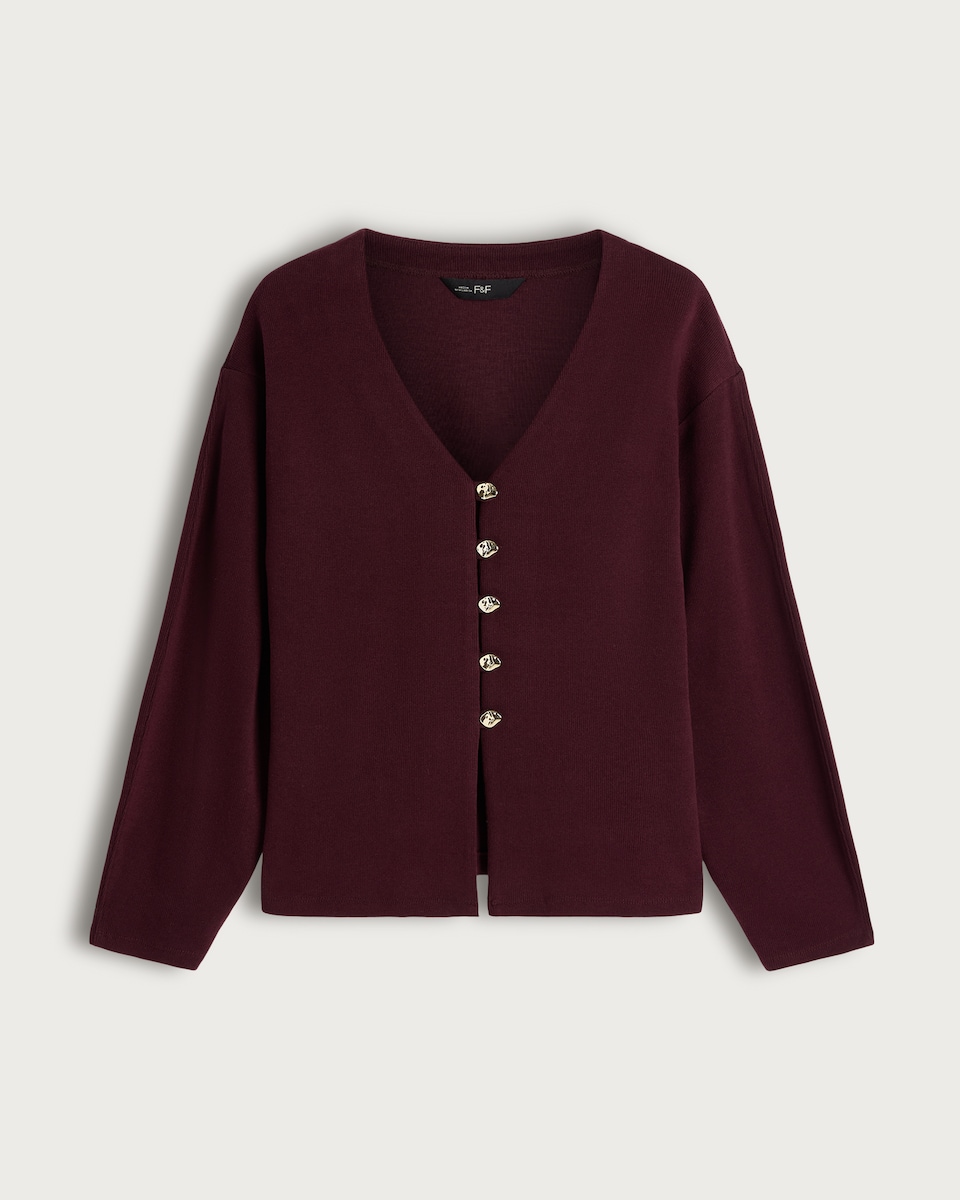 image 1 of F&F V Neck Buttoned Co-ord Cardigan in Burgundy