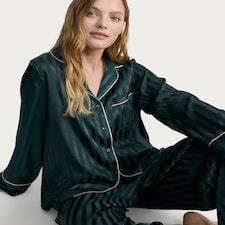 F&F Satin Stripe Print Shirt and Trousers Pyjamas in Green