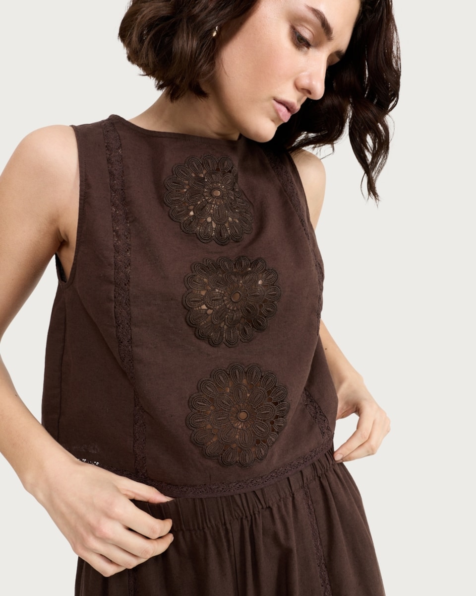 image 1 of F&F Embroidered Sleeveless Co-ord Beach Blouse in Brown