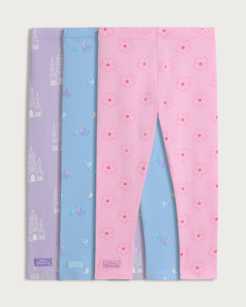 Disney Princess 3-Pack Cotton Rich Printed Leggings in Multi Pink