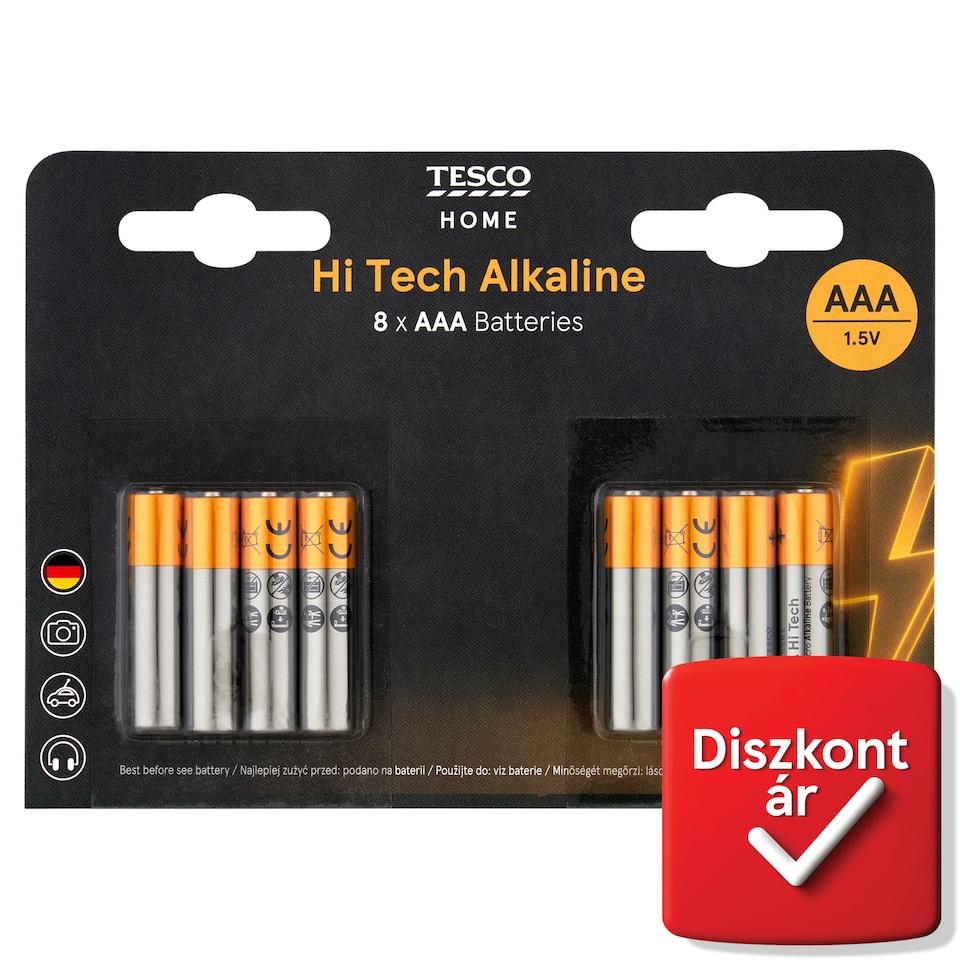 Tesco Home Hi Tech AAA LR03 1,5 V nagy teljesítményű alkáli elem 8 db