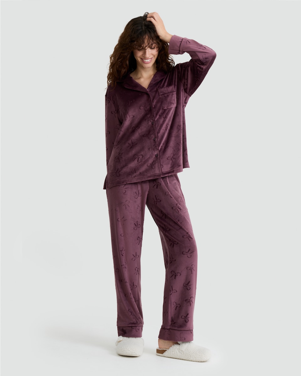 image 1 of F&F Fleece Textured Bow Print Shirt and Trousers Revere Pyjama Set in Purple