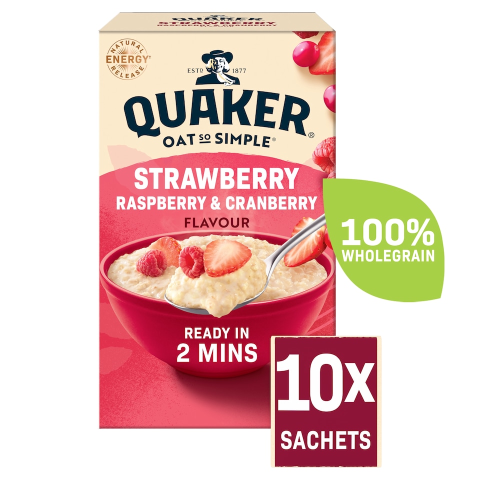 image 1 of Quaker Oat So Simple Strawberry, Raspberry & Cranberry Porridge Sachets 10x33.9g