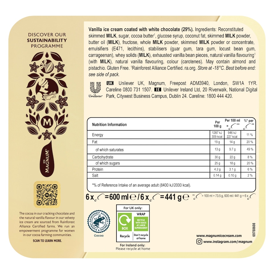 image 1 of Magnum White Chocolate Ice Cream Sticks 6x100ml