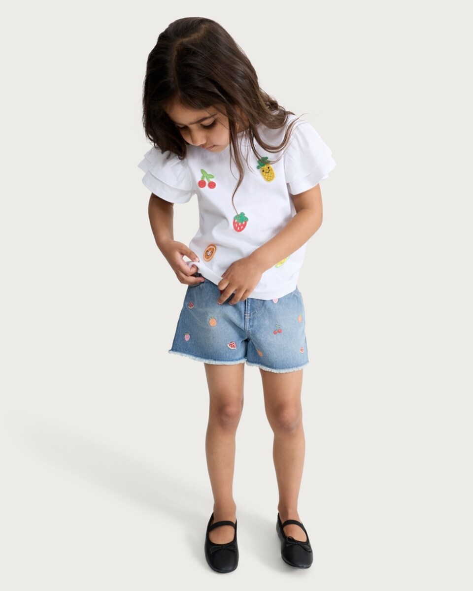 image 1 of F&F Girls Pure Cotton Fruit Embroidered Flutter Sleeved T-Shirt in Multi