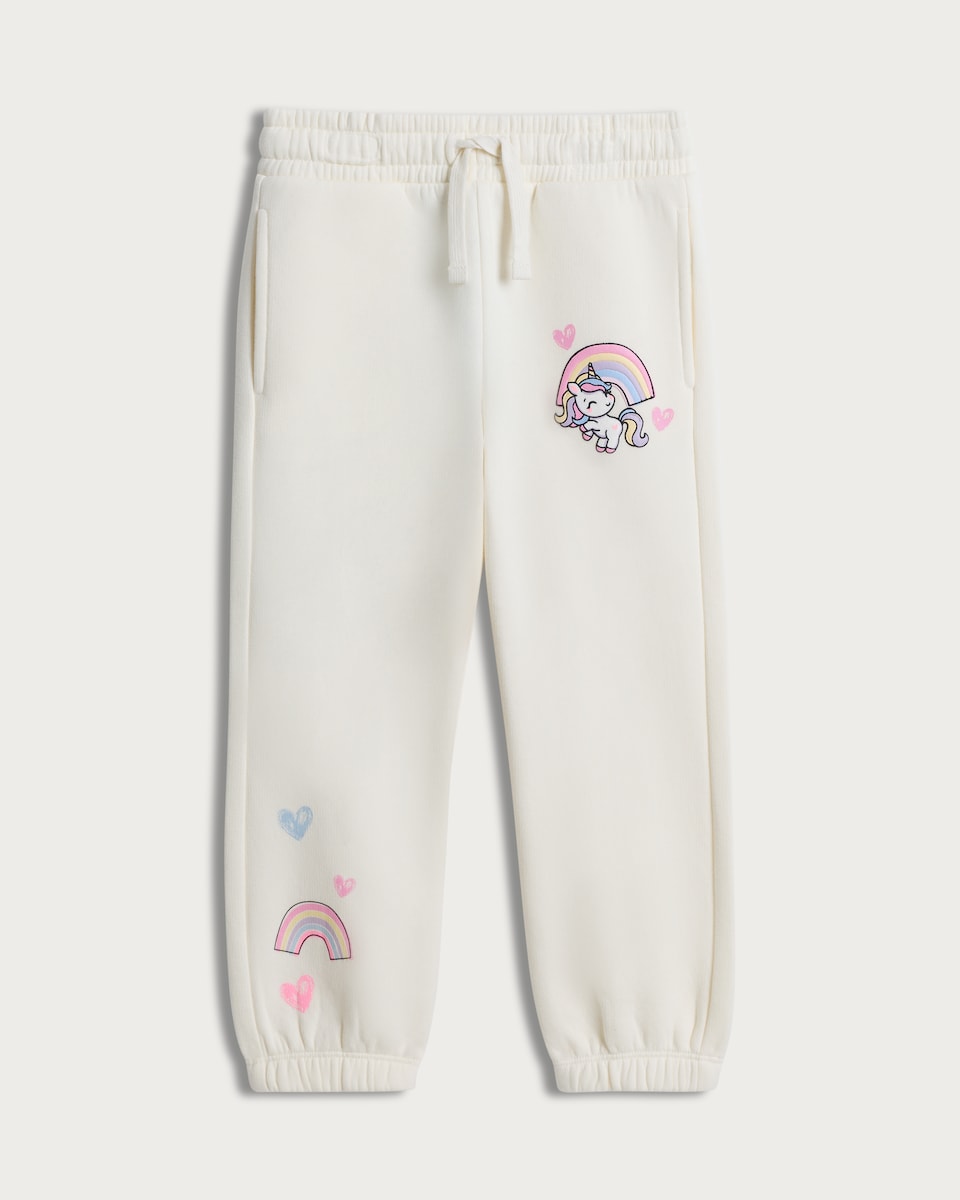 image 1 of F&F Girls Cotton Rich Unicorn Cuffed Joggers in White
