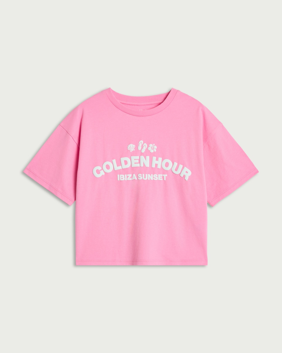 image 1 of F&F Girls Golden Hour Ibiza Sunset Slogan T-Shirt in Pink
