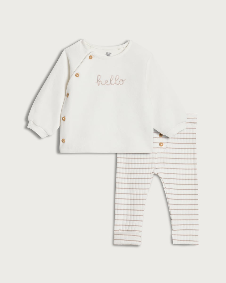 image 1 of F&F Baby 2-Piece Cotton Rich Hello Baby Jumper and Leggings Set in White