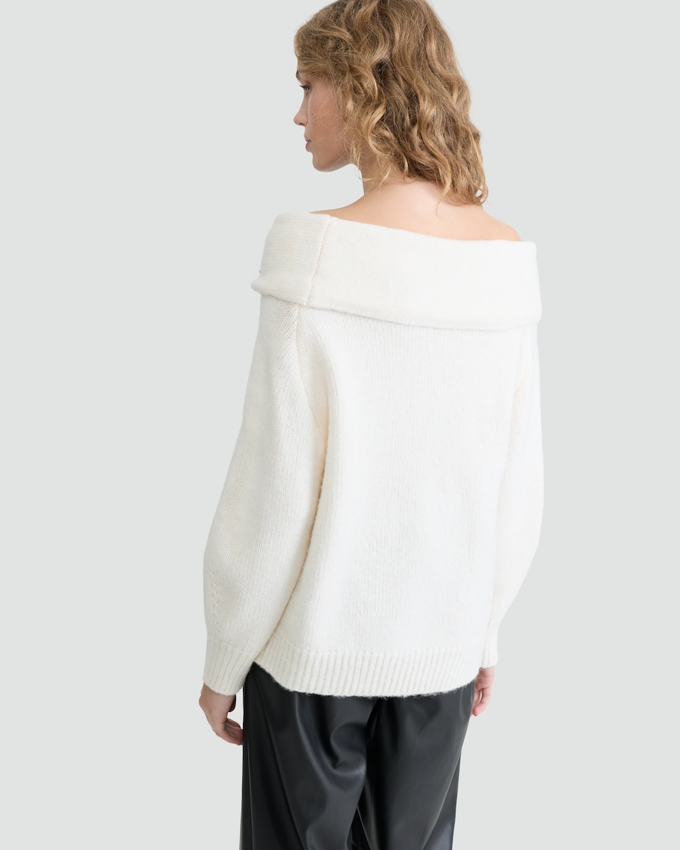 image 1 of F&F Ribbed Velvet Bow Bardot Jumper with Wool in Cream