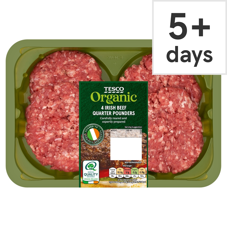 Tesco Organic 4 Irish Beef Quarter Pounders 454G