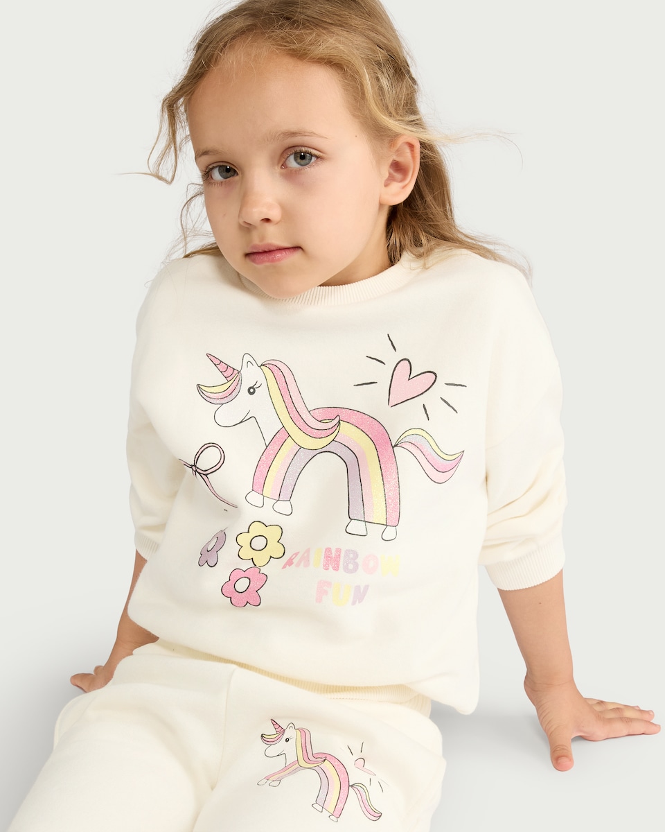 image 1 of F&F Girls Cotton Rich Unicorn Print Sweatshirt in Cream