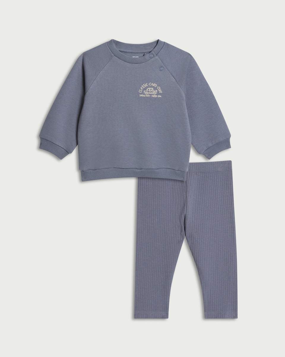 image 1 of F&F Baby 2-Piece Cotton Rich Classic Cars Embroidered Sweatshirt and Leggings Set in Blue