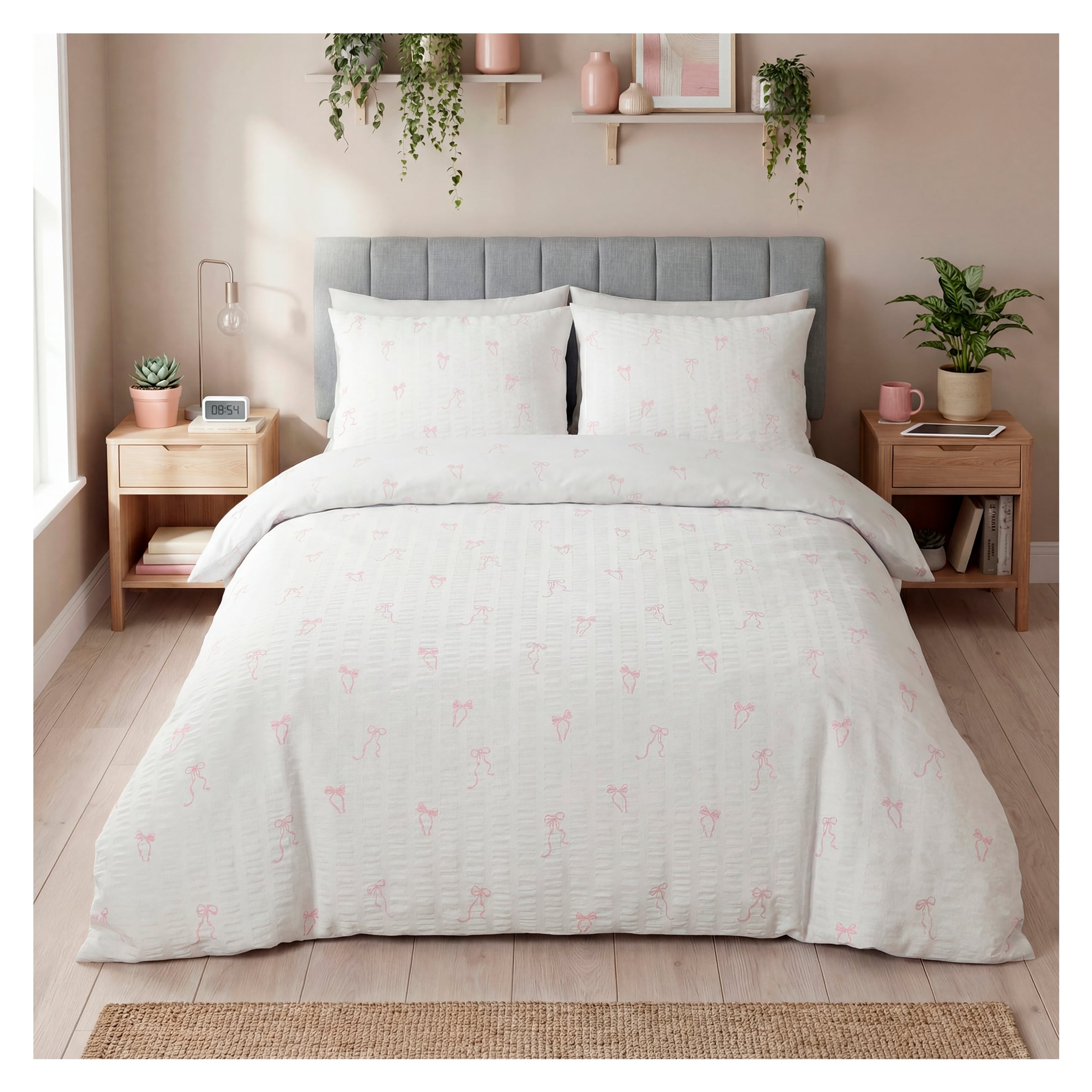 Silentnight Supersoft Seersucker Pink Bows Duvet Cover Set Double