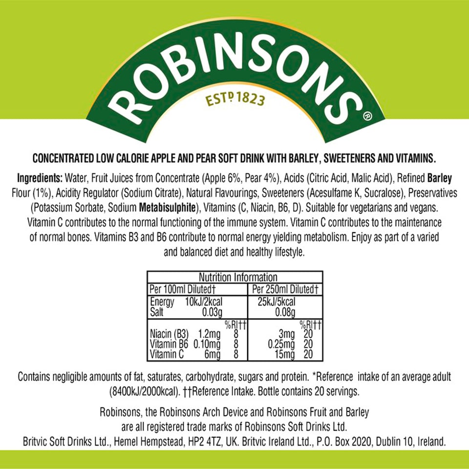image 1 of Robinsons Fruit & Barley with Vitamins Apple & Pear Squash 1L