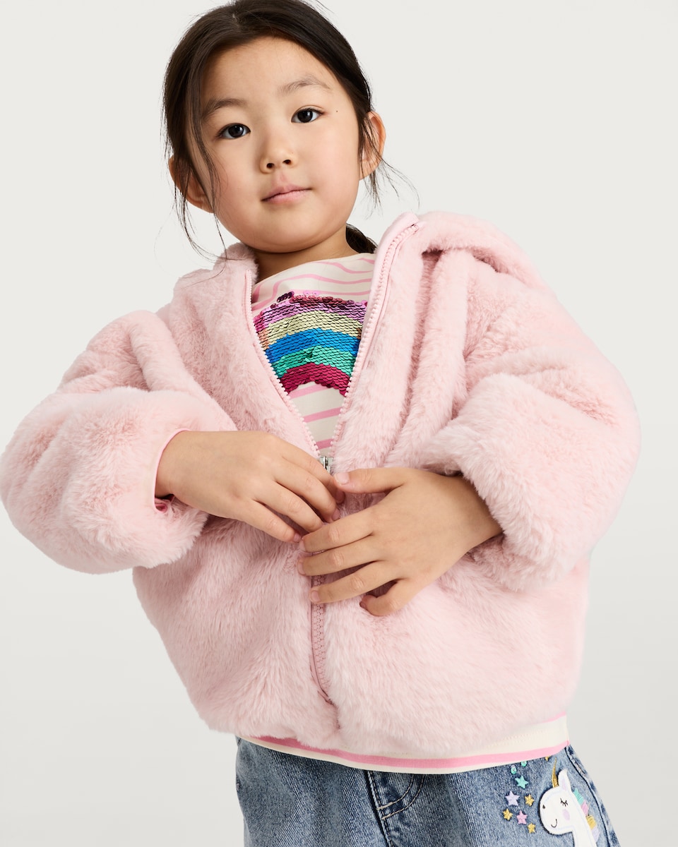 image 1 of F&F Girls Faux Fur Hooded Jacket in Pink