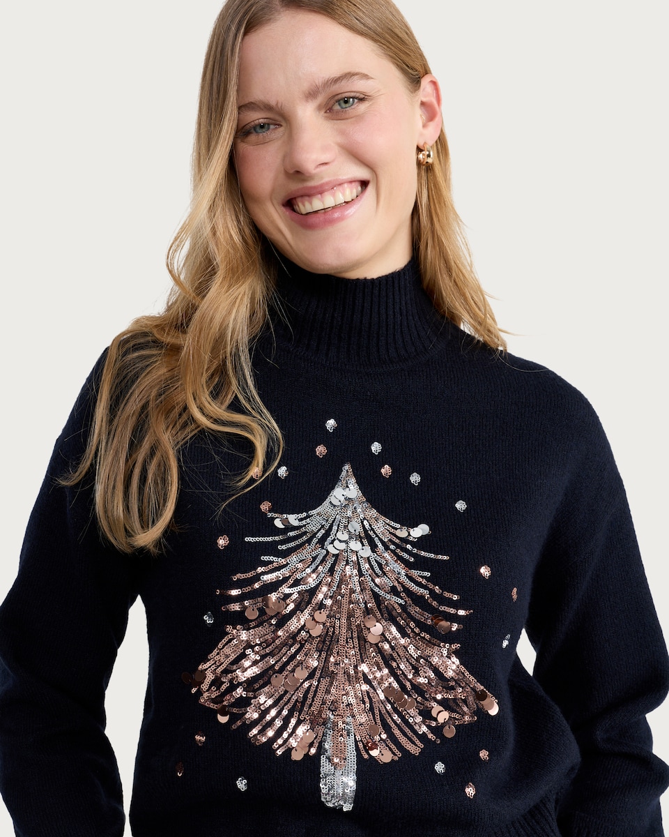 image 1 of F&F Sequin Christmas Tree Jumper in Navy