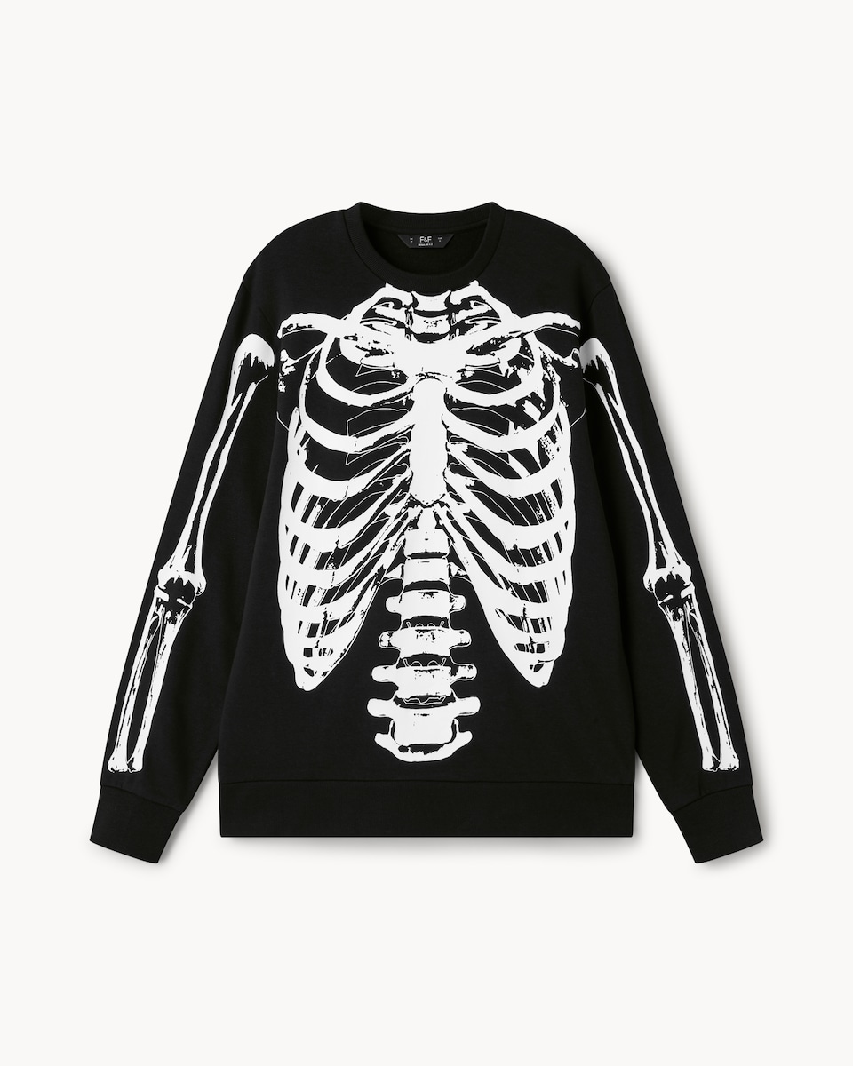 image 1 of F&F Cotton Rich Halloween Skeleton Sweatshirt in Black