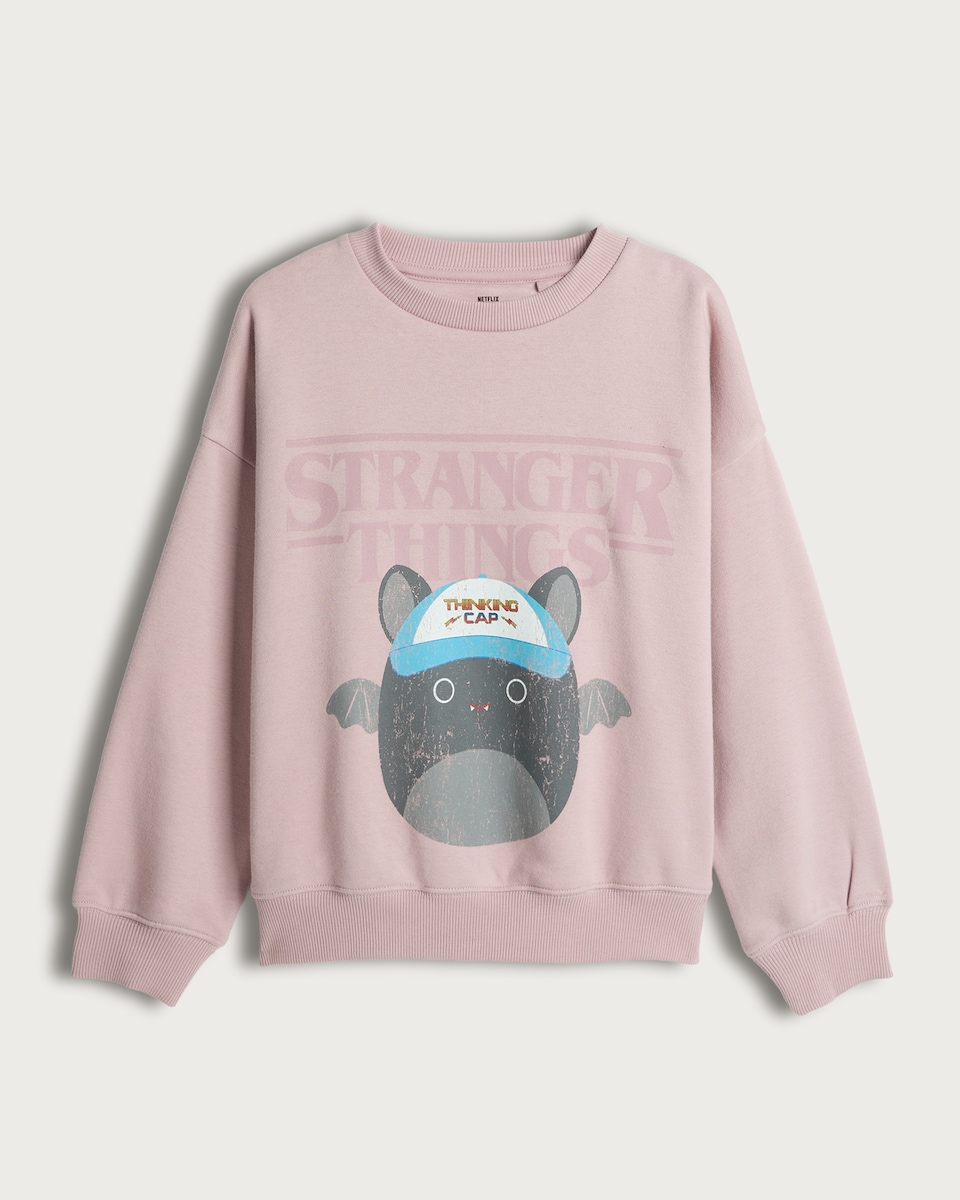 image 1 of Stranger Things Cotton Rich Slogan Sweatshirt in Pink