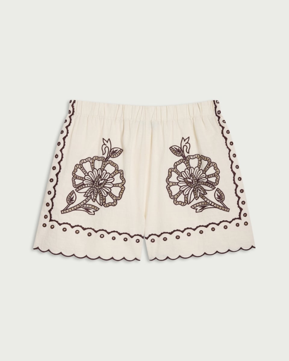 image 1 of F&F Pure Cotton Floral Embroidered Co-ord Shorts in Ivory
