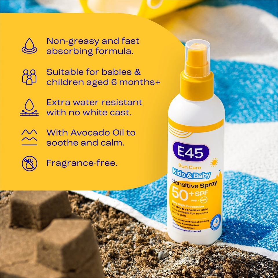 image 1 of E45 Sun Care Kids & Baby Sensitive SPF50+ Sun Cream Spray 180ml