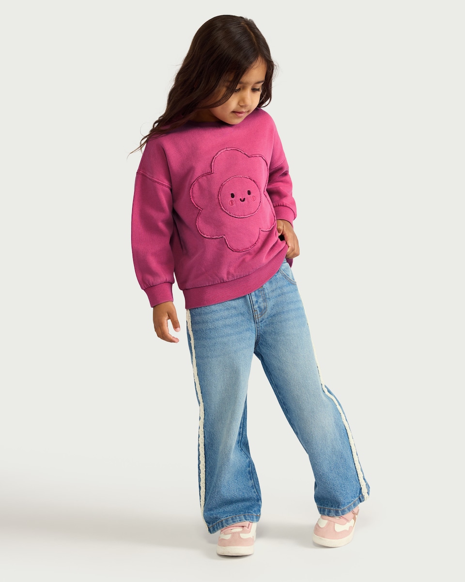 image 1 of F&F Girls Pure Cotton Flower Embroidered Sweatshirt in Pink