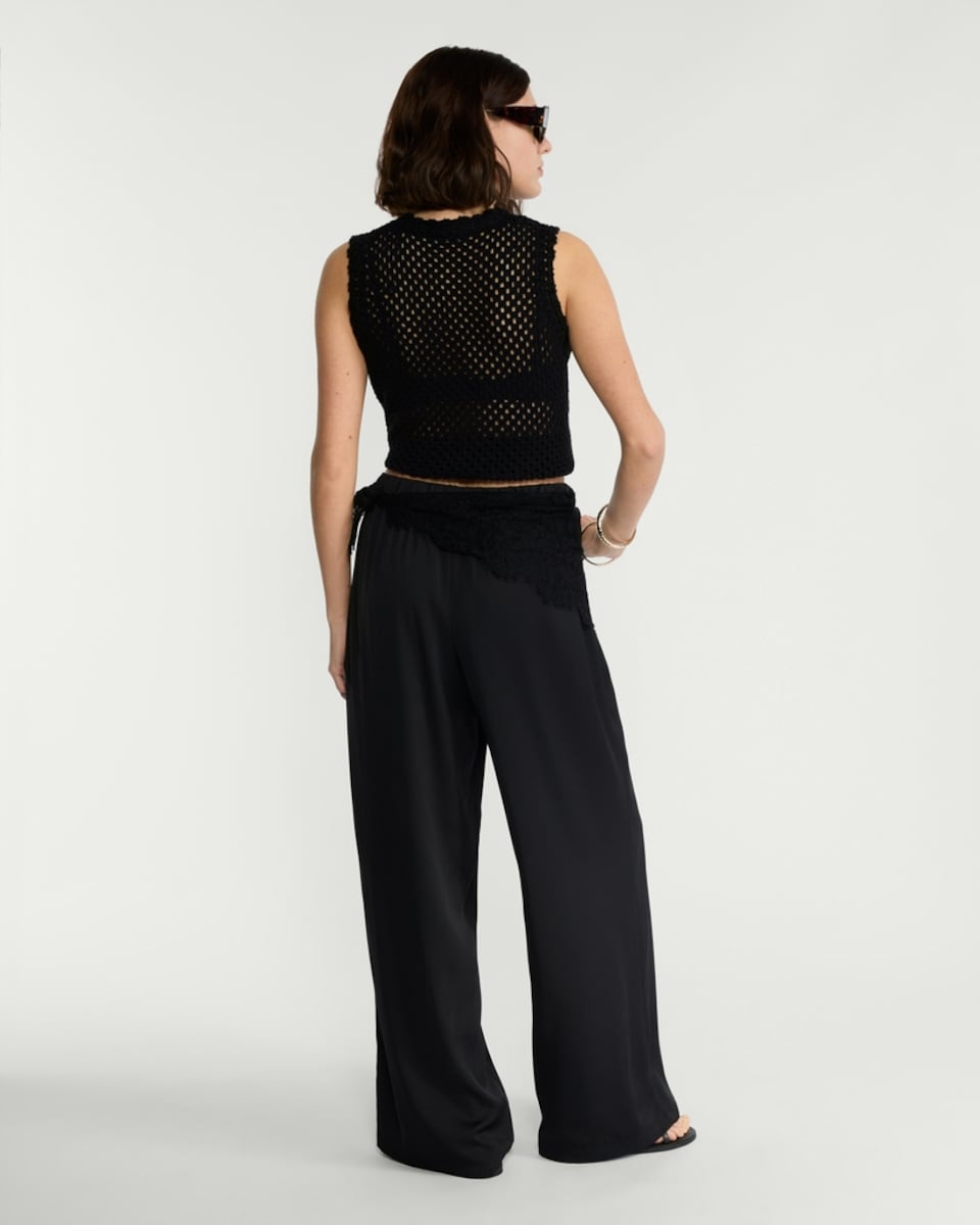 image 1 of F&F Satin Lace Scarf Detail Wide Leg Trousers in Black