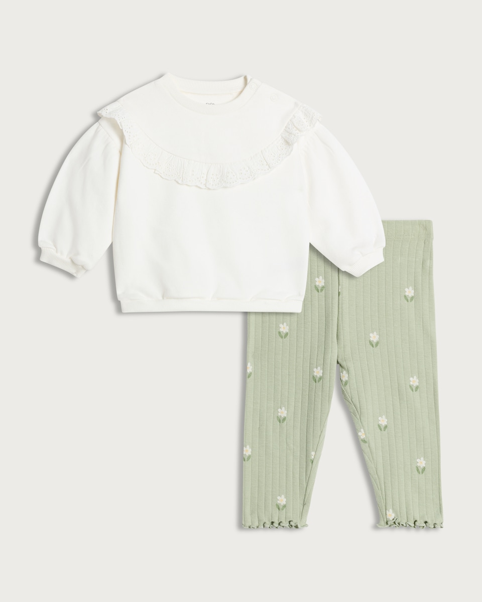 image 1 of F&F Baby 2-Piece Cotton Rich Sweatshirt and Ribbed Leggings Set in Cream