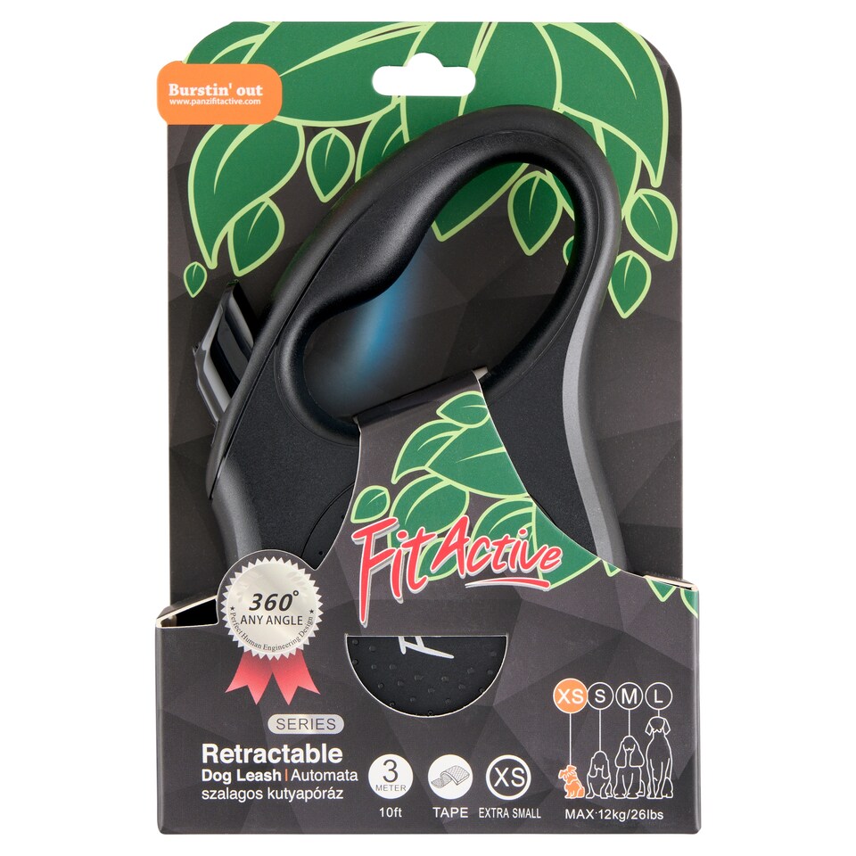 FitActive fekete automata szalagos kutyapóráz XS, 3 m