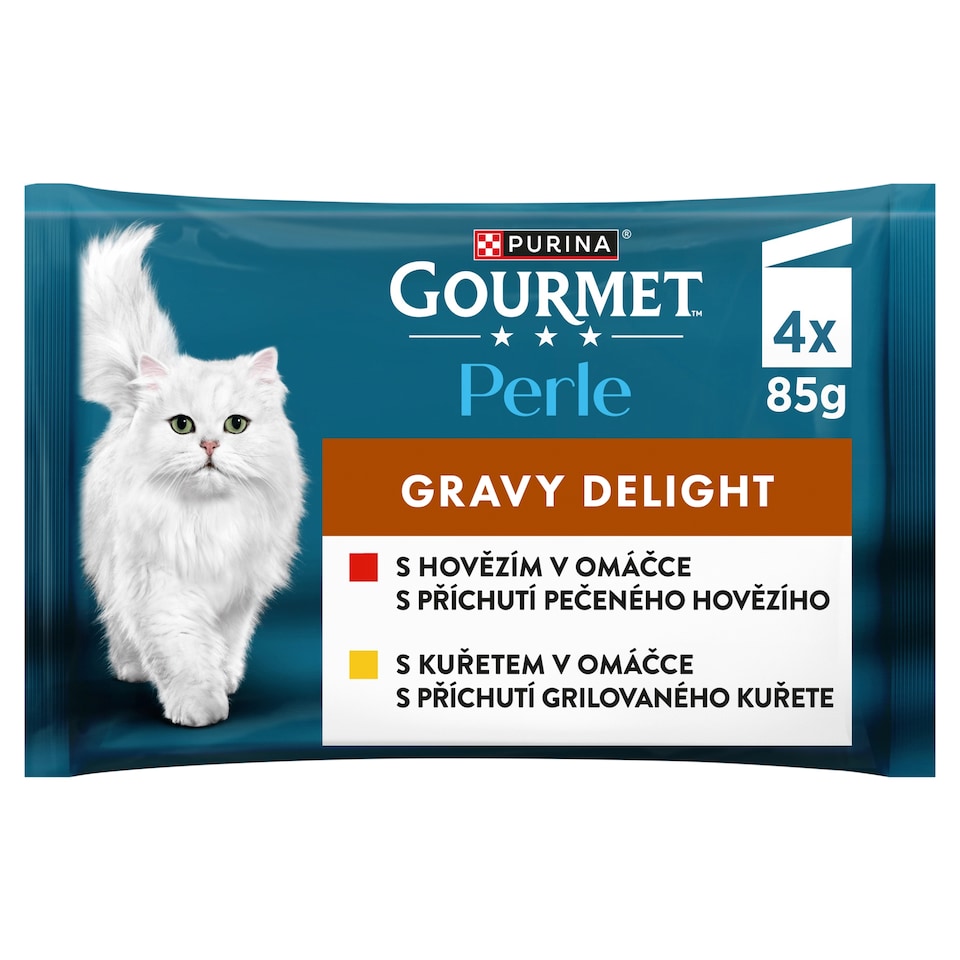 Gourmet Perle Gravy Delight kapsičky pro kočky kuře hovězí v omáčce 4 x 85g