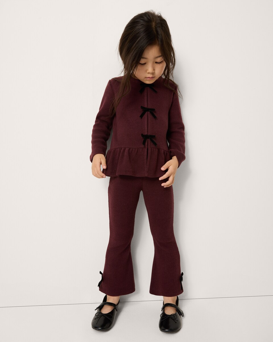 image 1 of F&F Girls Bow Top and Flared Leggings Set in Burgundy