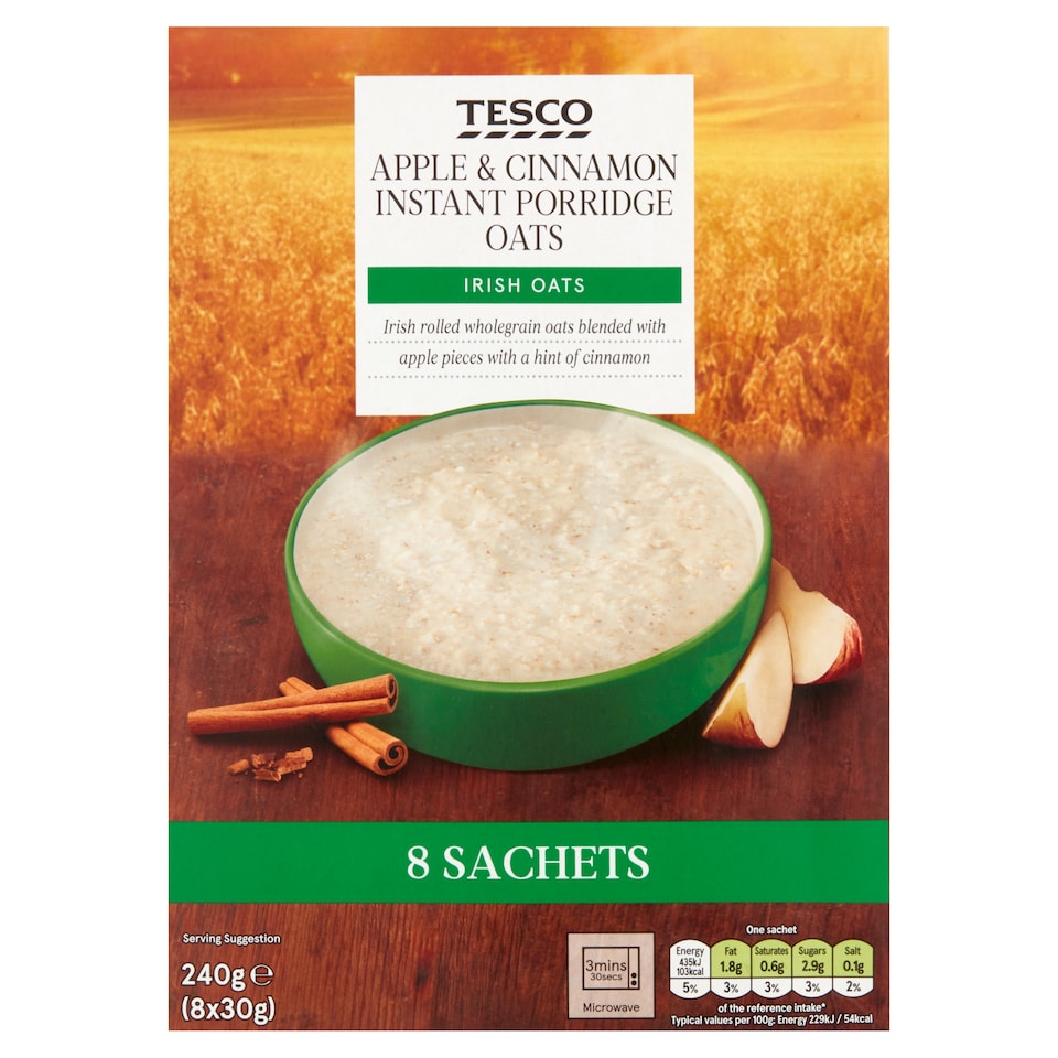 Tesco Apple & Cinnamon Instant Porridge Irish Oats 8X30g