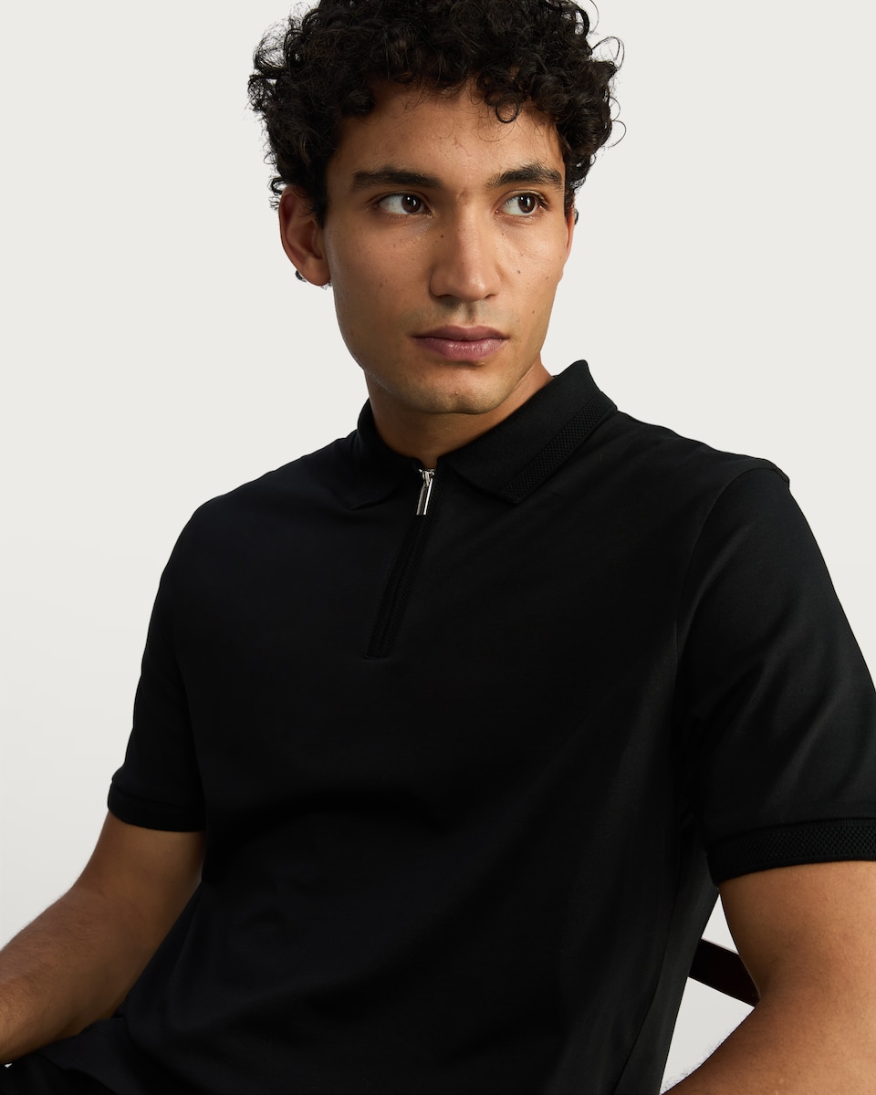 image 1 of The F&F Edit Supima® Cotton Zip Neck Polo Shirt in Black