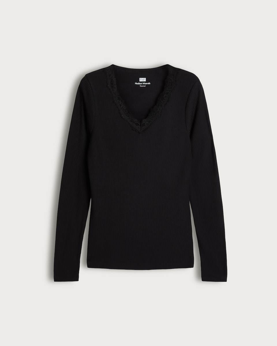 image 1 of F&F Medium Warmth Thermal Lace Trim Long Sleeved Top in Black
