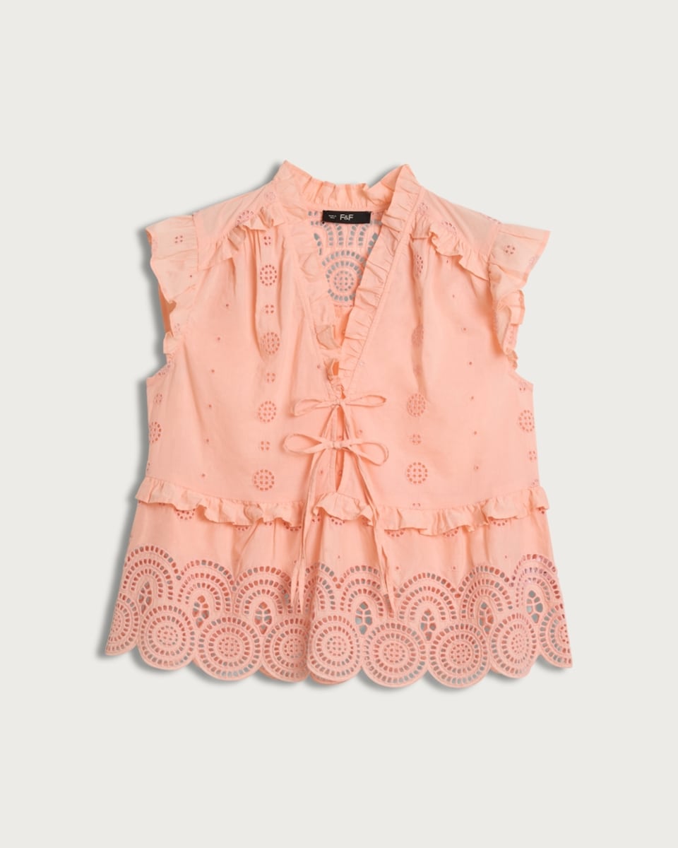 image 1 of F&F Pure Cotton Broderie Sleeveless Blouse in Coral