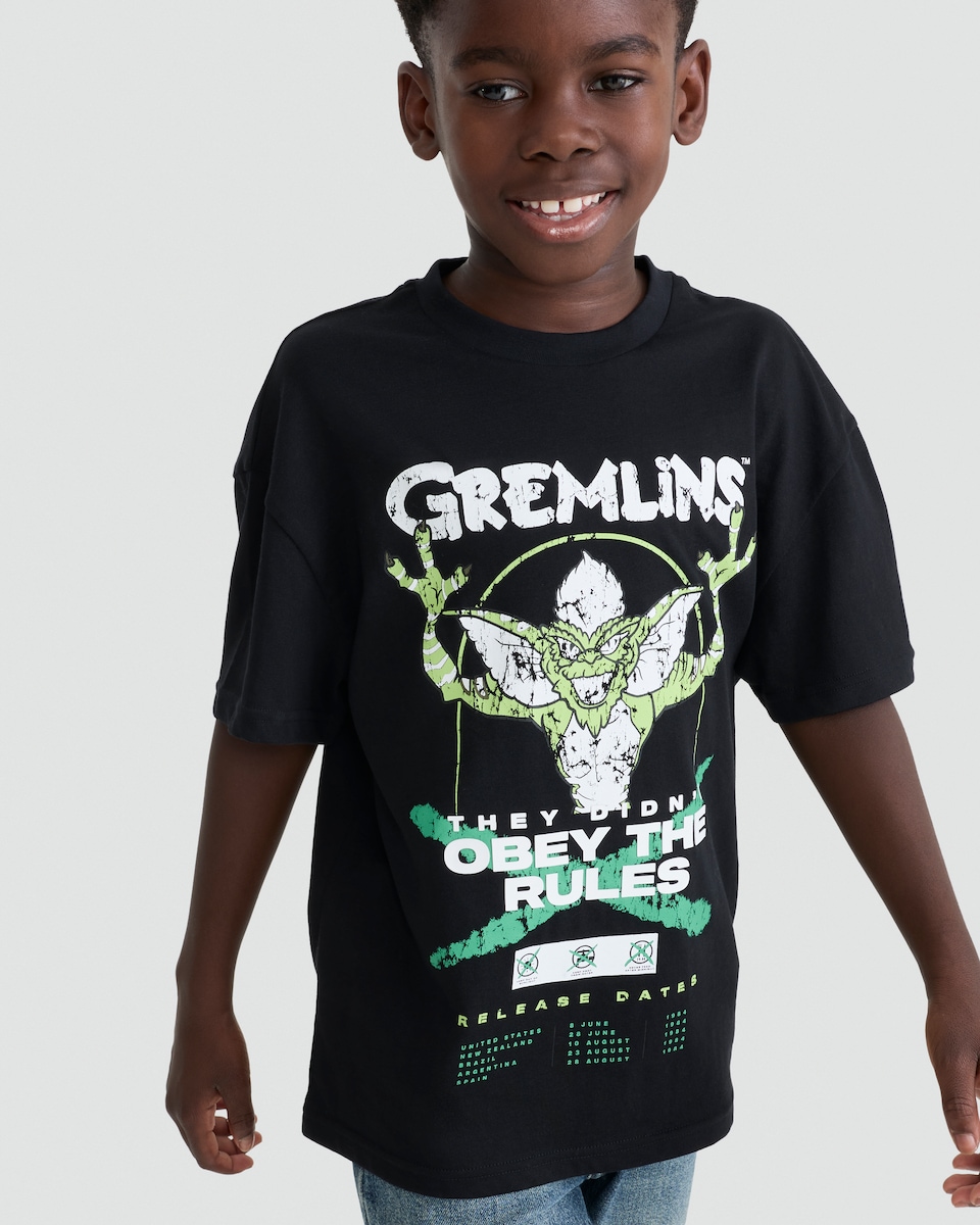 image 1 of Gremlins Obey the Rules Print Pure Cotton T-Shirt in Grey