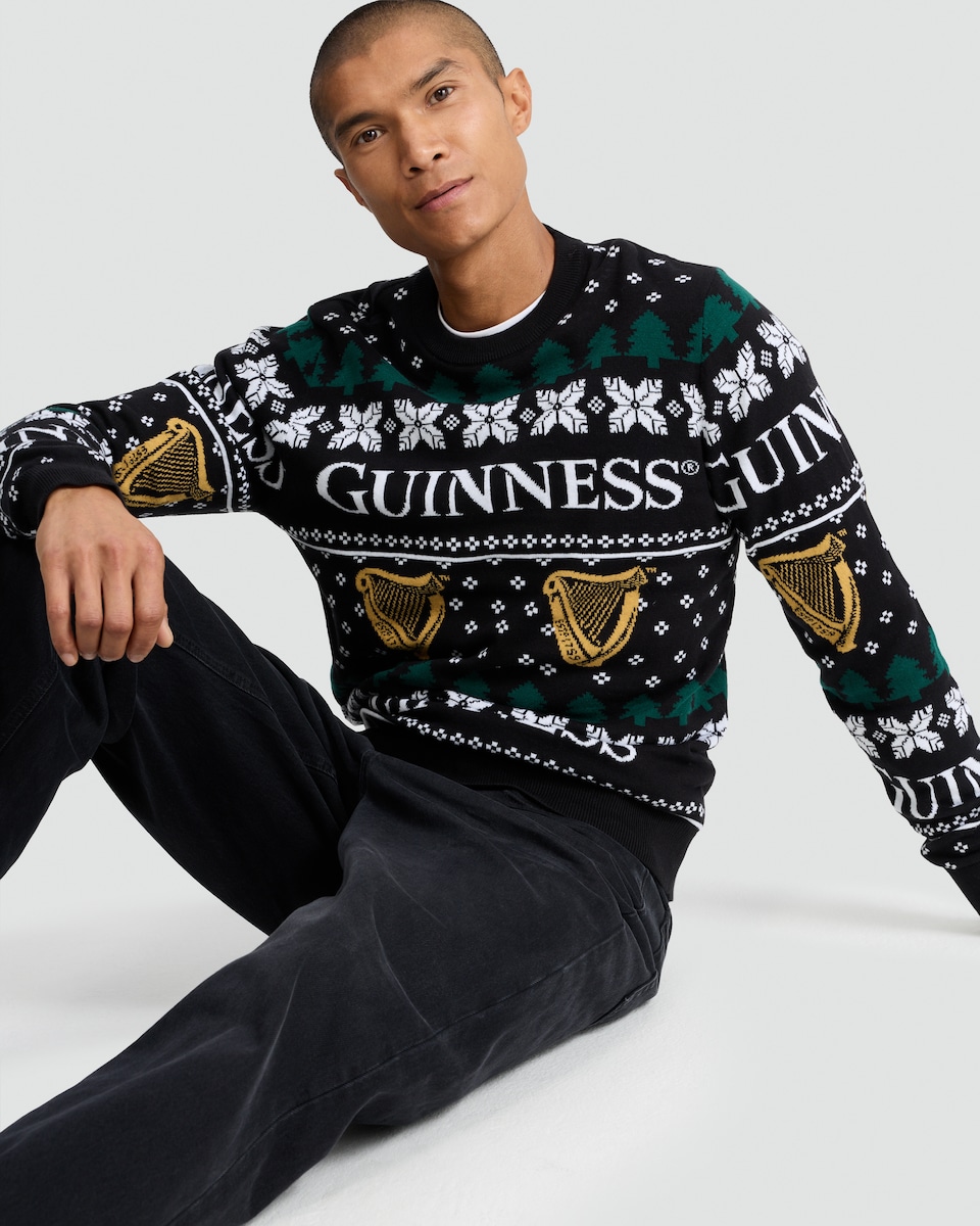 image 1 of Guinness Pure Cotton Festive Print Knitted Jumper in Black