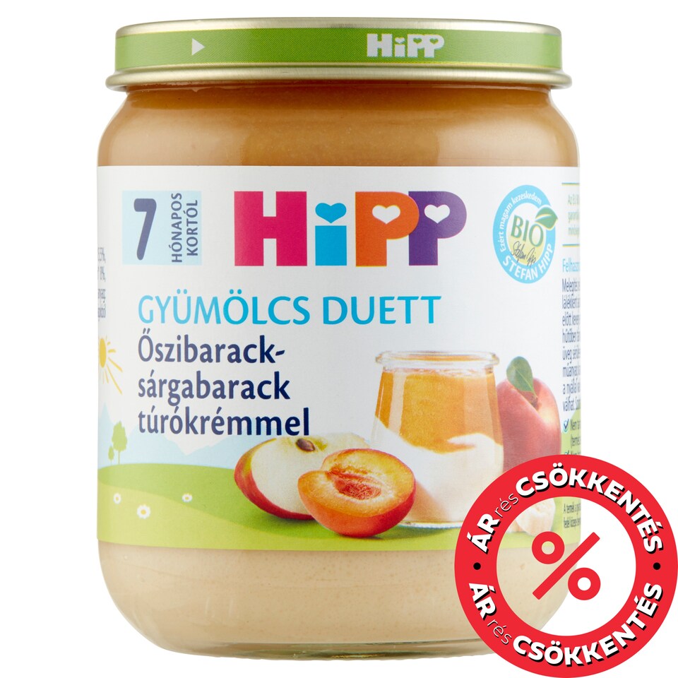 HiPP Gyümölcs Duett BIO őszibarack-sárgabarack túrókrémmel bébidesszert 7 hónapos kortól 160 g