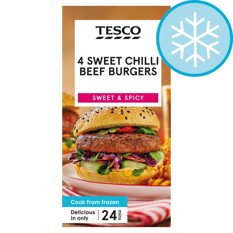 TESCO 4 SWEET CHILLI BEEF BURGERS 454G Tesco Groceries