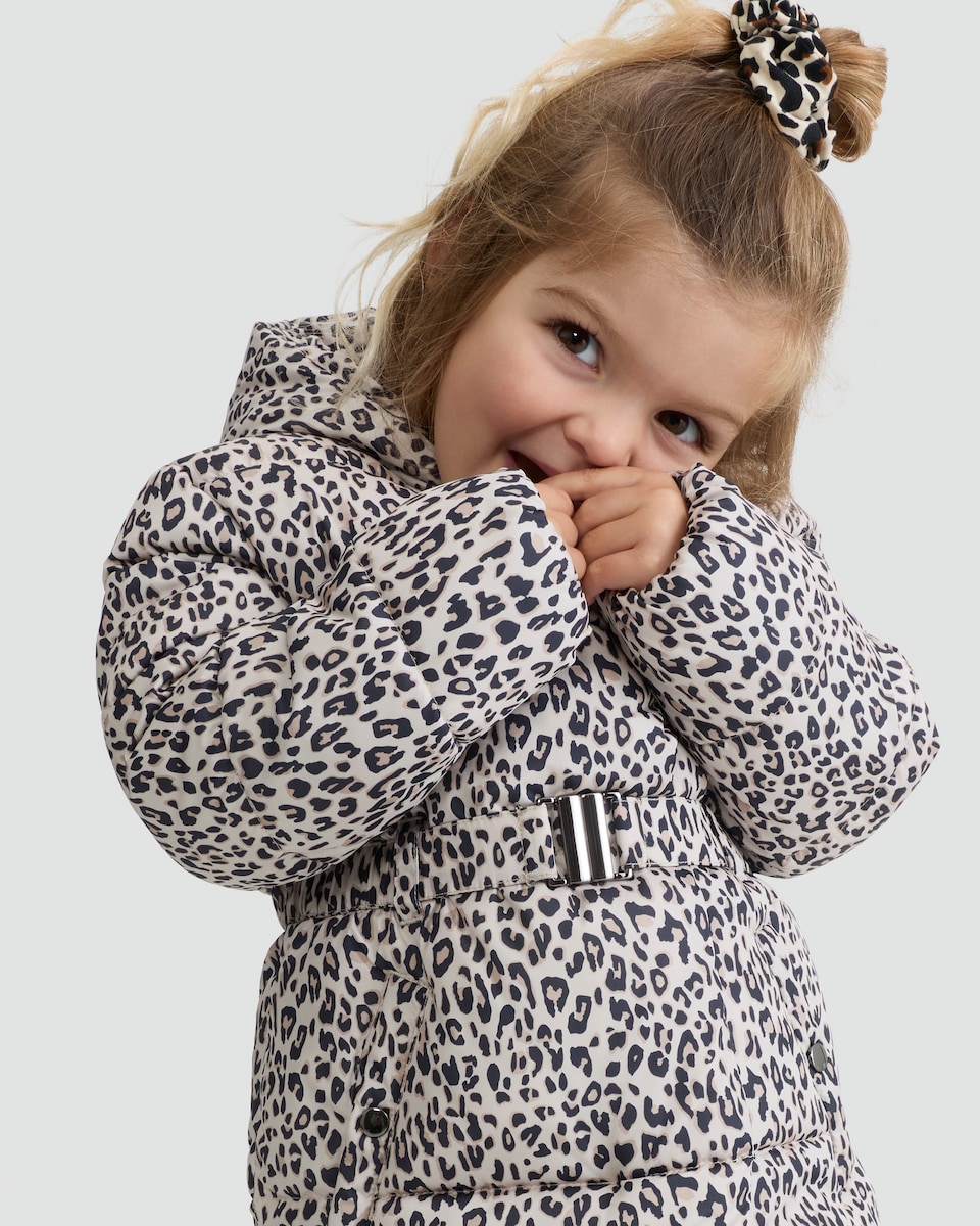 image 1 of F&F Girls Leopard Print Belted Hooded Puffer Coat in Multi Brown
