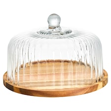F&F Home Acacia Wood Cake Stand With Glass Dome