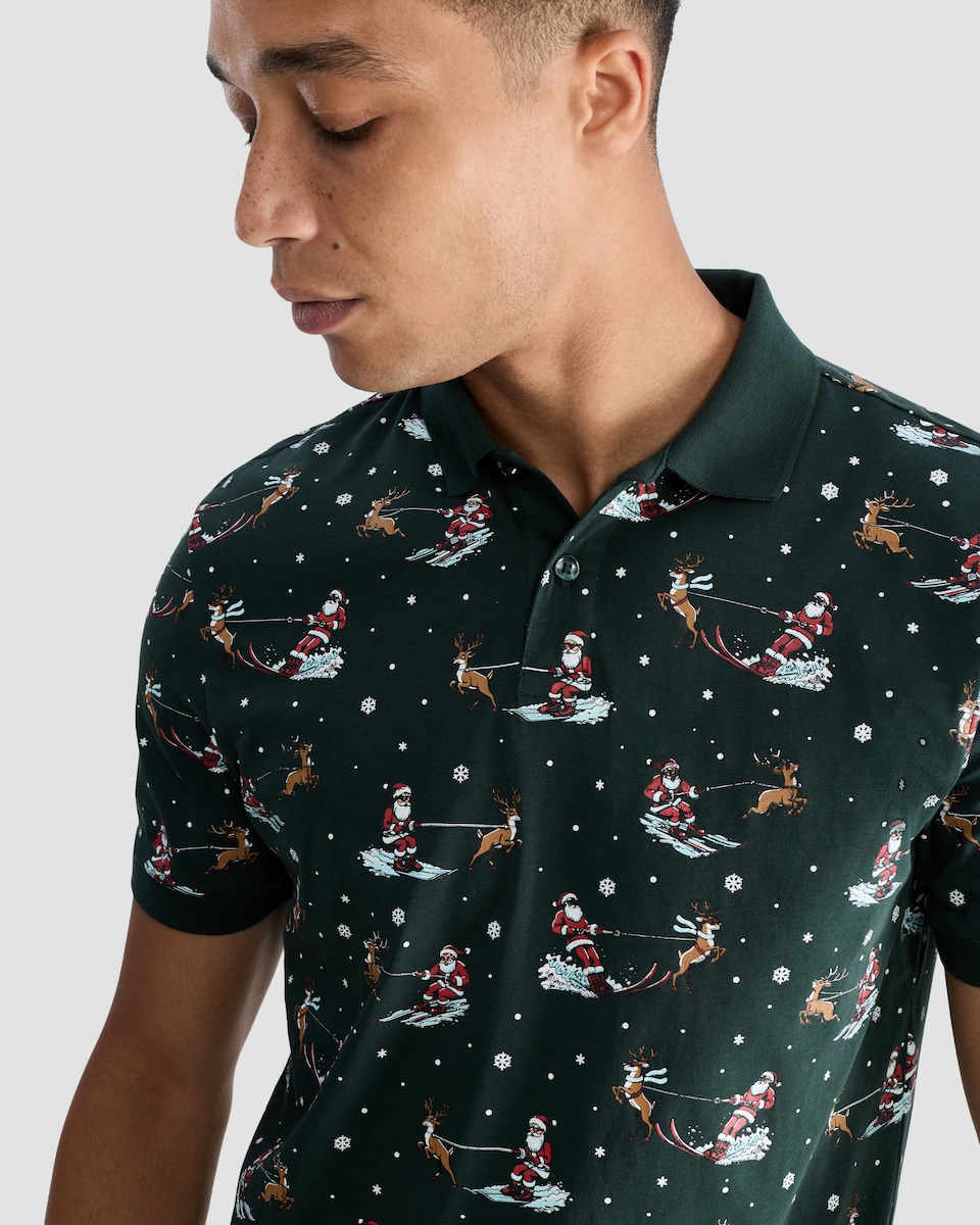 image 1 of F&F Pure Cotton Santa and Sleigh Print Polo Shirt in Green