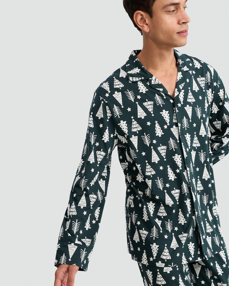 image 1 of F&F Christmas Tree Print Matching Family Christmas Button Through Pyjamas in Green