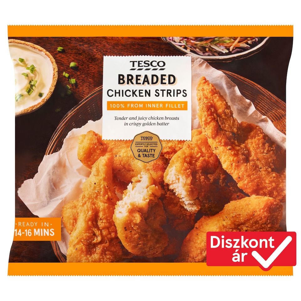Tesco csirkemellfilé felhasználásával készült, panírozott, elősütött, gyorsfagyasztott termék 500 g