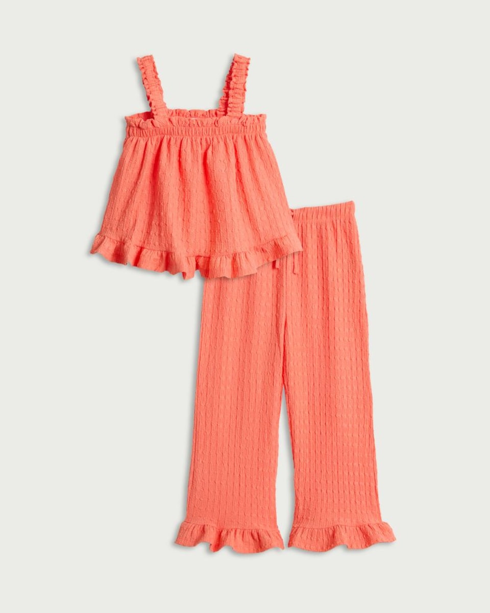 image 1 of F&F Girls 2-Piece Textured Frill Trim Top and Trousers Set in Coral