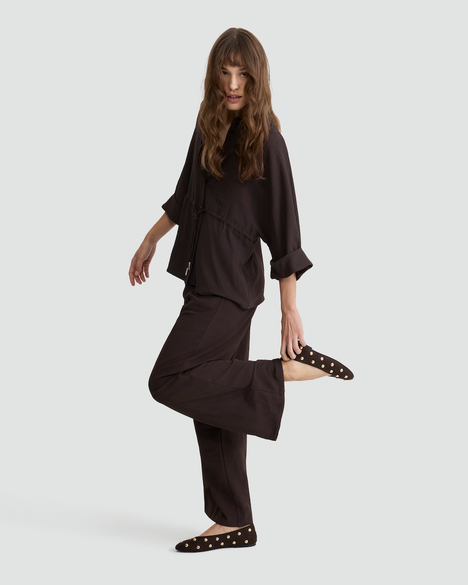 image 1 of F&F Drawstring Waist Wide Sleeved Shirt in Brown