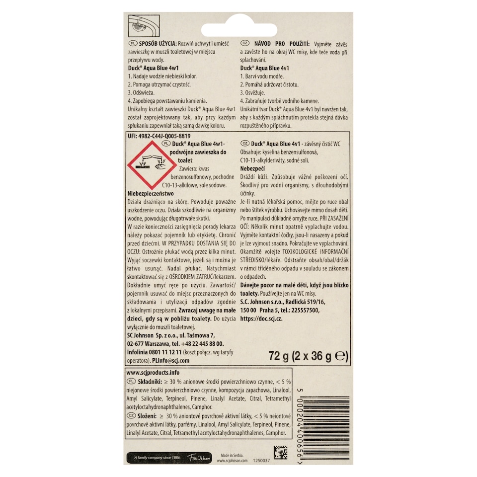 Obrázek 1 pro produkt Duck Aqua Blue 4v1 závěsný čistič WC 2 x 36g (72g)
