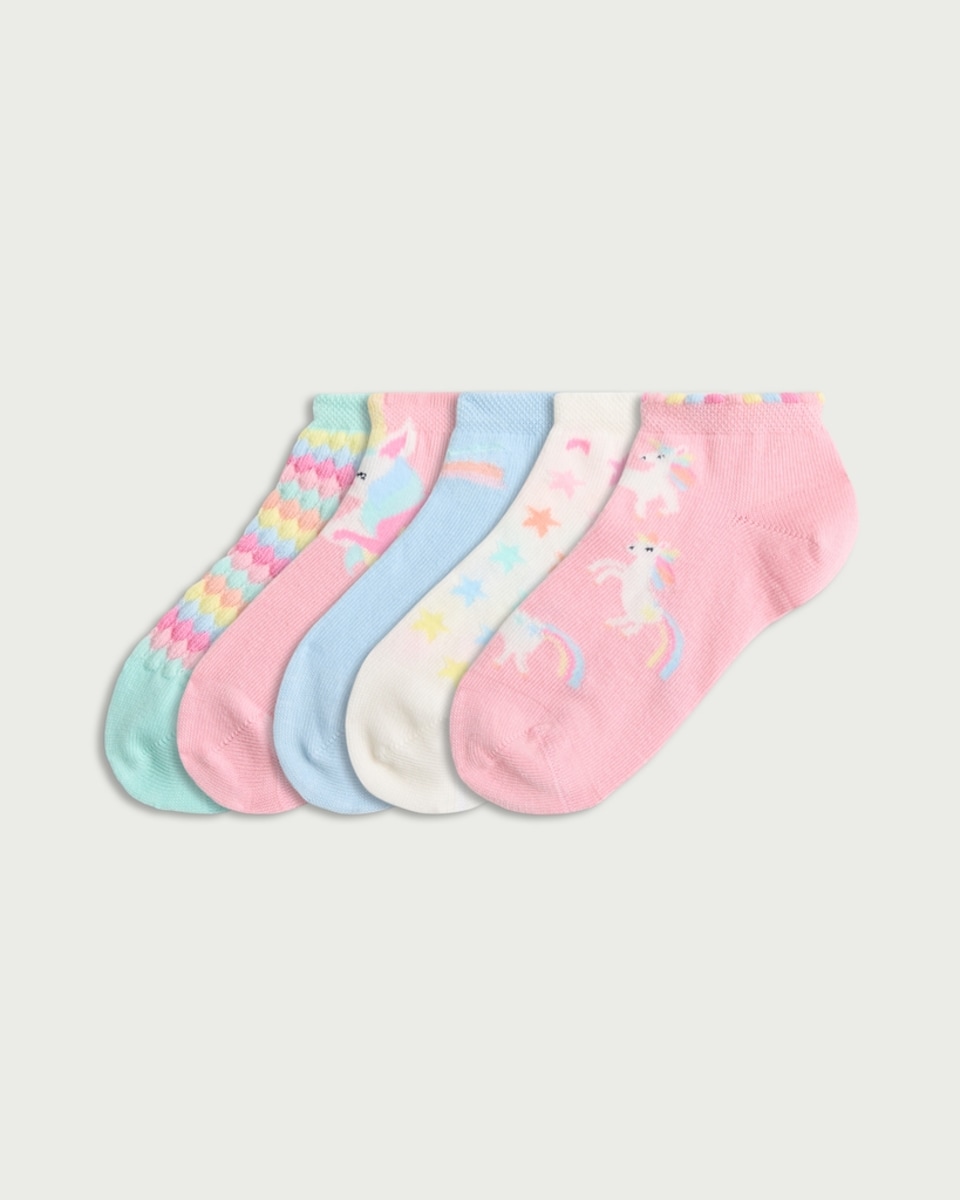 F&F Girls 5-Pack Cotton Rich Unicorn Print Trainer Socks in Multi