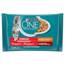 PURINA ONE STERILCAT kapsičky s kuřetem a zelenými fazolkami, s hovězím a mrkví ve šťávě, 4 x 85g