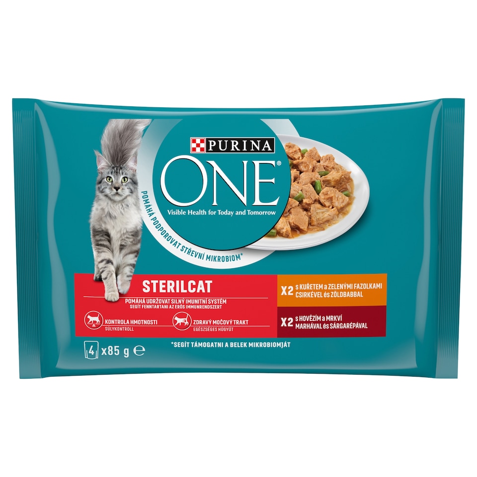 PURINA ONE STERILCAT kapsičky s kuřetem a zelenými fazolkami, s hovězím a mrkví ve šťávě, 4 x 85g